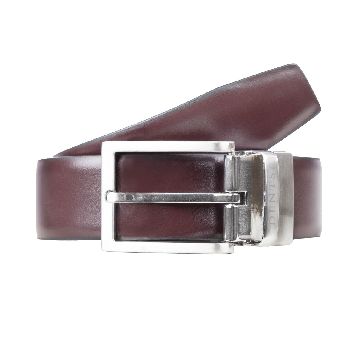 Men’s heritage reversible full-grain leather belt with satin nickel buckle in black/tan, loop position.