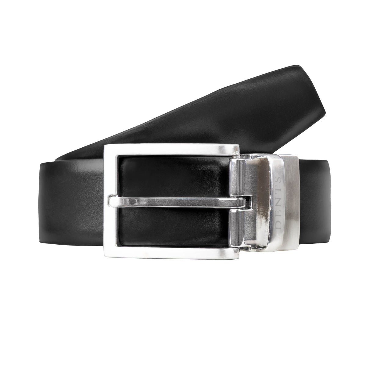 Men’s heritage reversible full-grain leather belt with satin nickel buckle in black/burgundy, loop position.