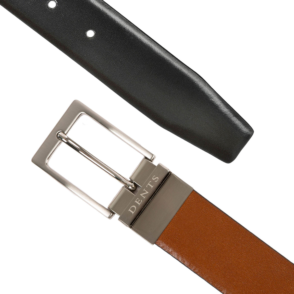 Men’s heritage reversible full-grain leather belt with satin nickel buckle in black/tan, flat.