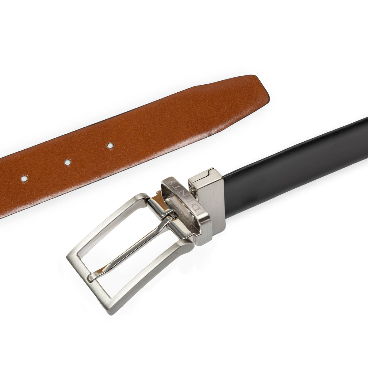 Men’s heritage reversible full-grain leather belt with satin nickel buckle in black/tan, reversible buckle.