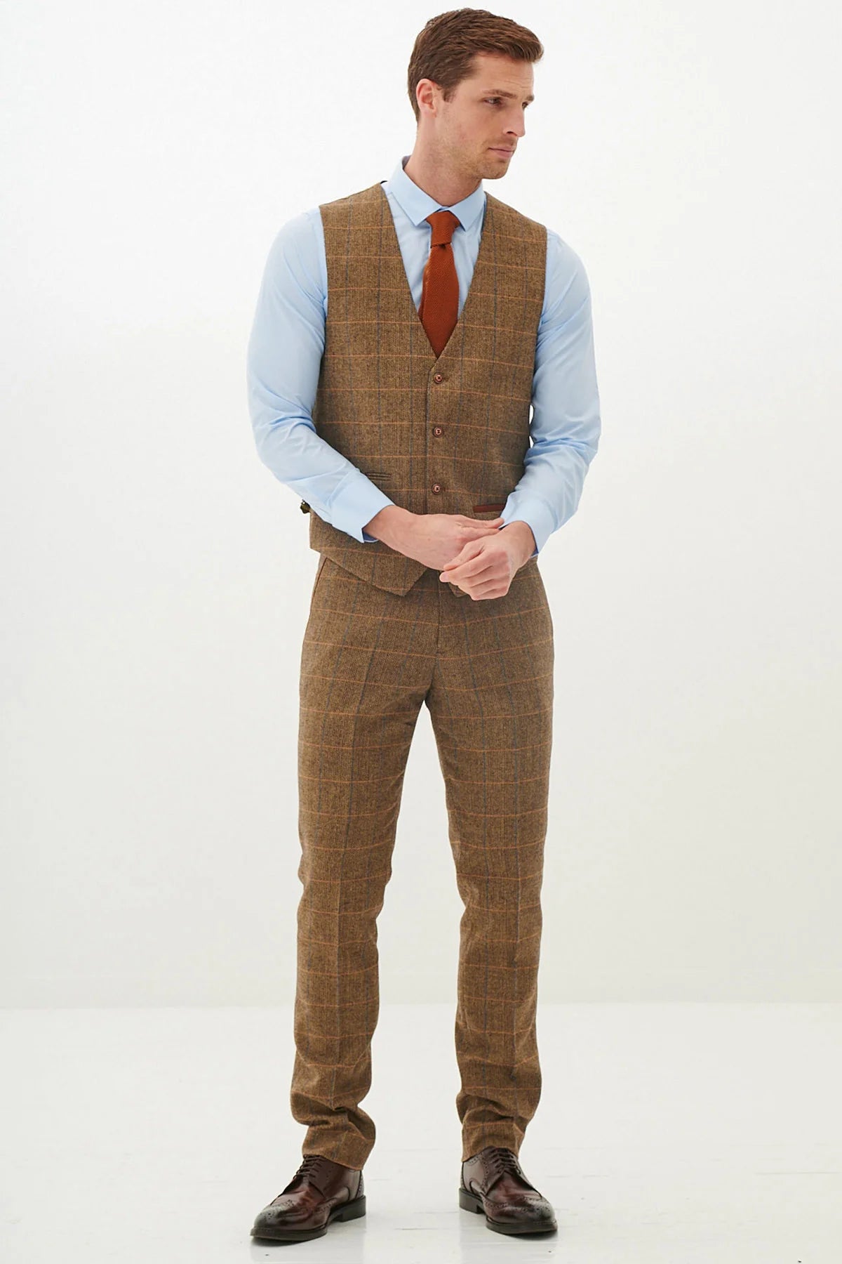 50% OFF - MARC DARCY Men's Ted Single Breasted Waistcoat - Tan Check - Size: 52