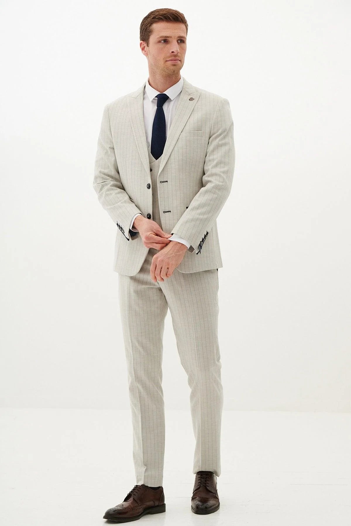 50% OFF - MARC DARCY Grant Three Piece Suit - Mens Slim Fit - Stone Pinstripe - Size: 44 Regular With 38 Trousers