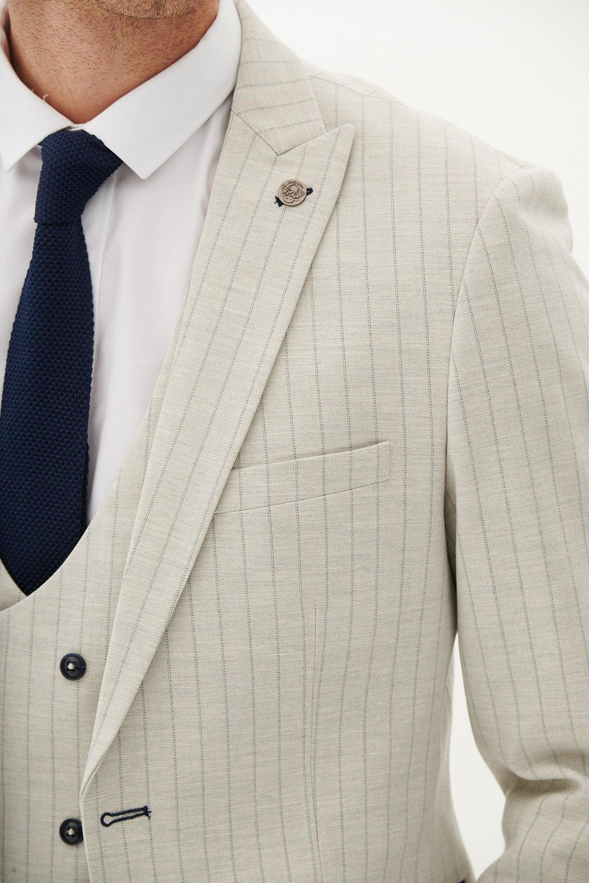 50% OFF - MARC DARCY Grant Three Piece Suit - Mens Slim Fit - Stone Pinstripe - Size: 44 Regular With 38 Trousers