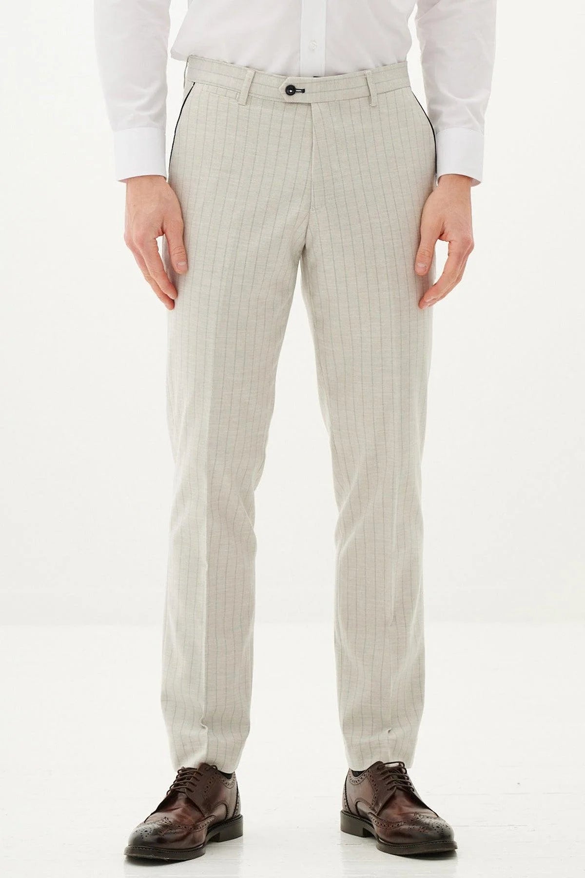 50% OFF - MARC DARCY Grant Three Piece Suit - Mens Slim Fit - Stone Pinstripe - Size: 44 Regular With 38 Trousers