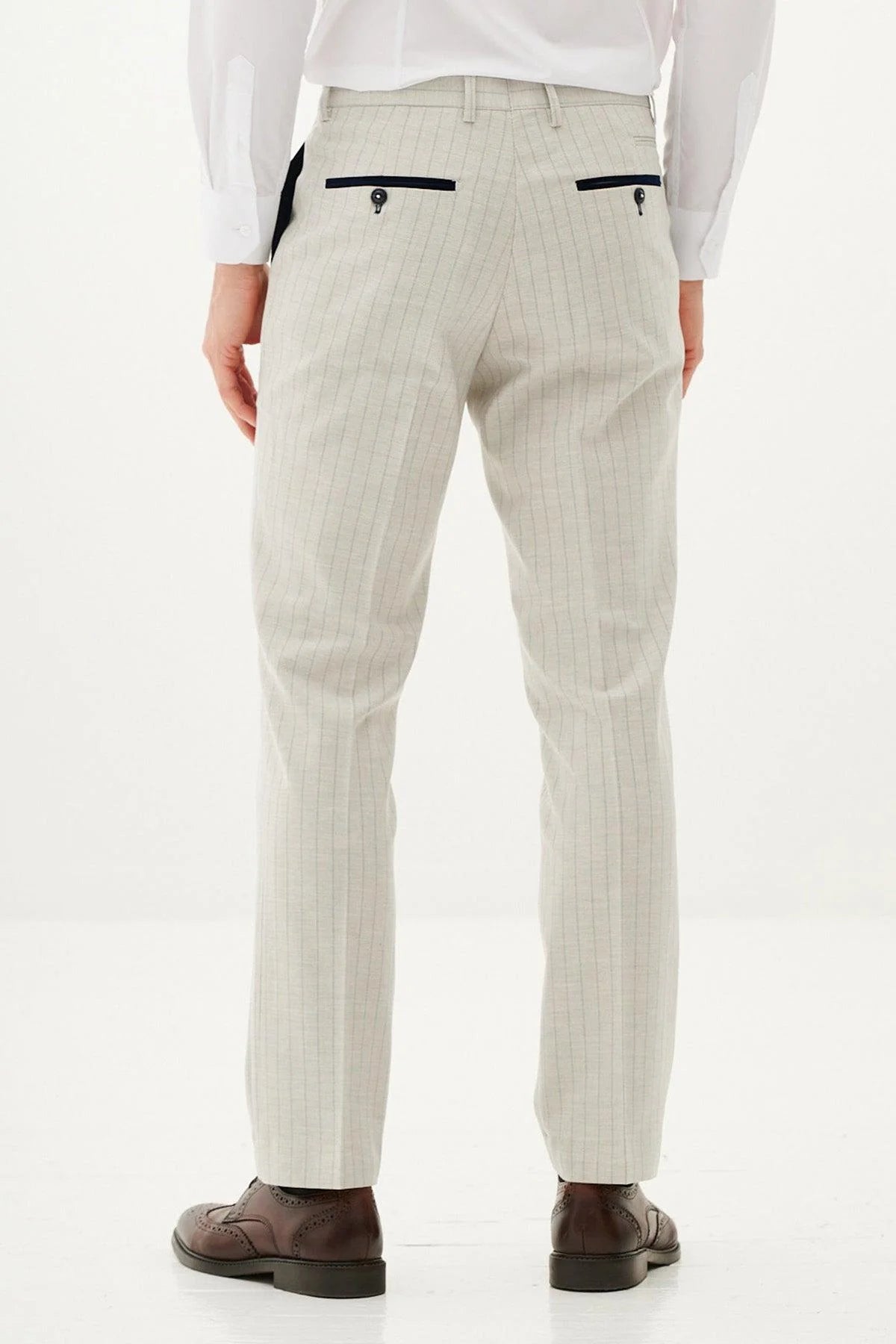 50% OFF - MARC DARCY Grant Three Piece Suit - Mens Slim Fit - Stone Pinstripe - Size: 44 Regular With 38 Trousers