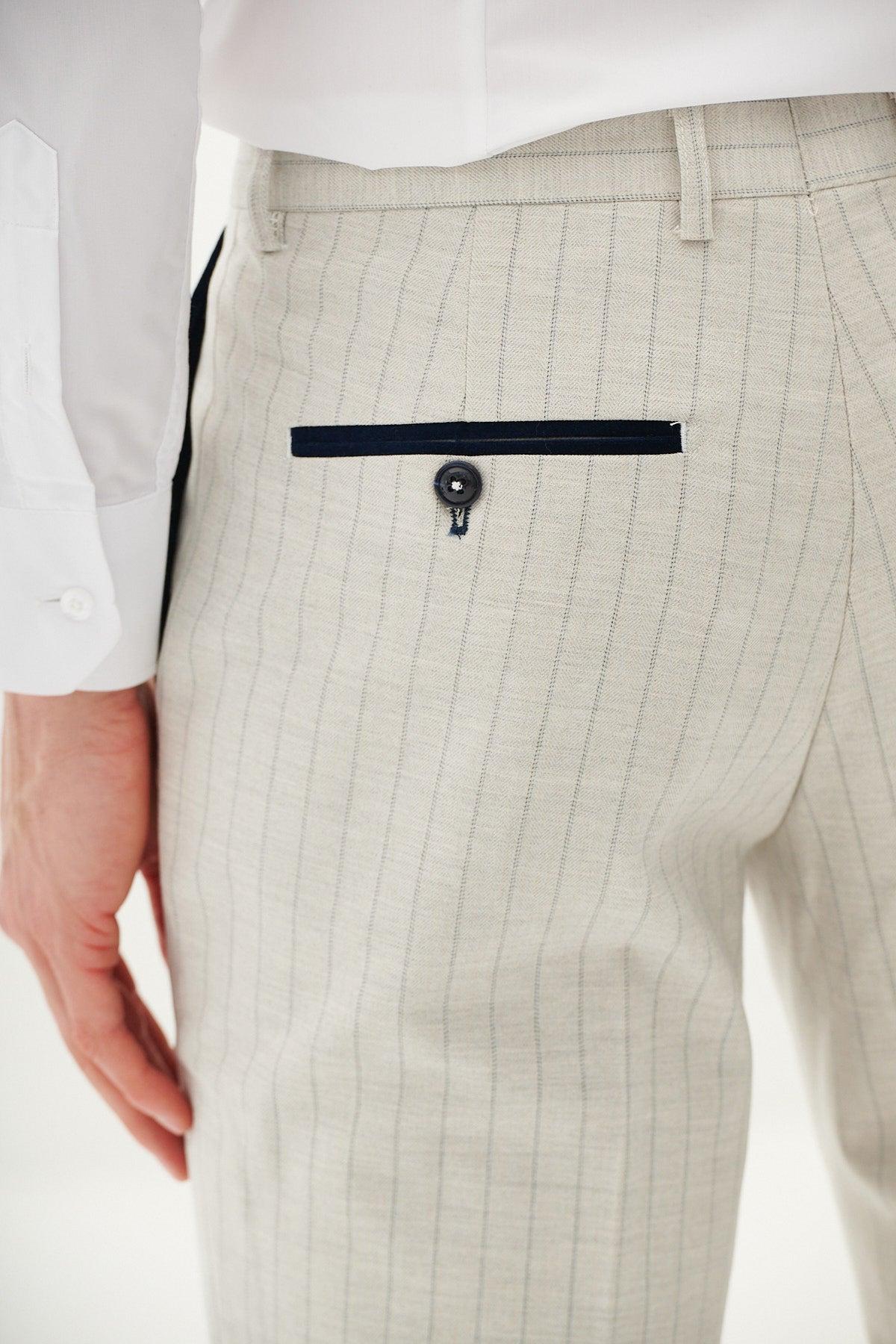 50% OFF - MARC DARCY Grant Three Piece Suit - Mens Slim Fit - Stone Pinstripe - Size: 44 Regular With 38 Trousers