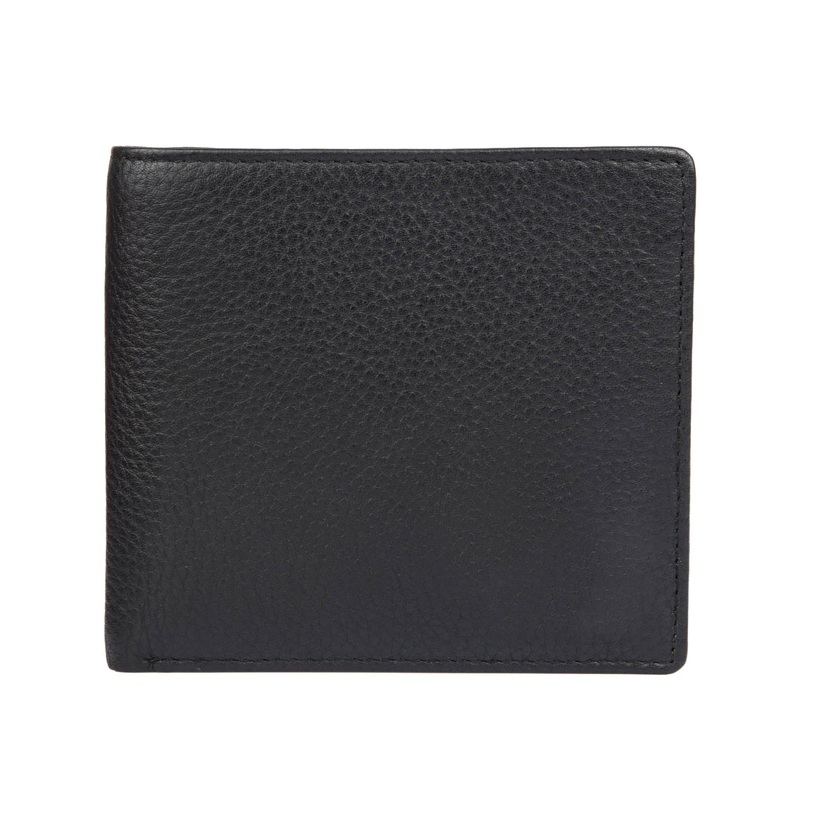Men's Slim Pebble Grain Leather Bifold Wallet with RFID Blocking in black, front view of leather.