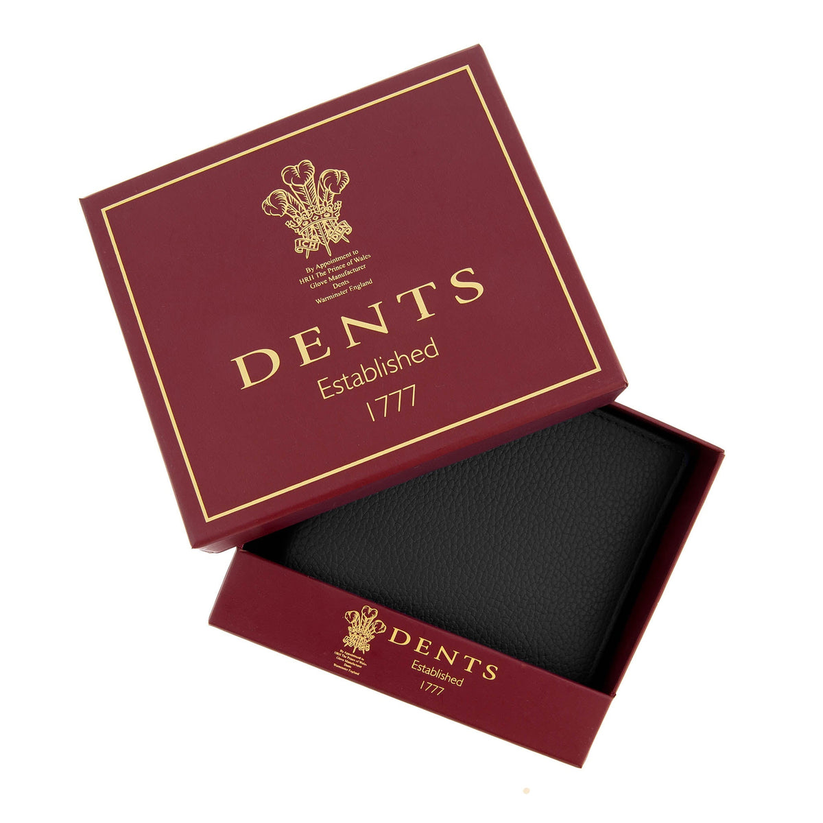 Men's Slim Pebble Grain Leather Bifold Wallet with RFID Blocking in black, in a red dents box.
