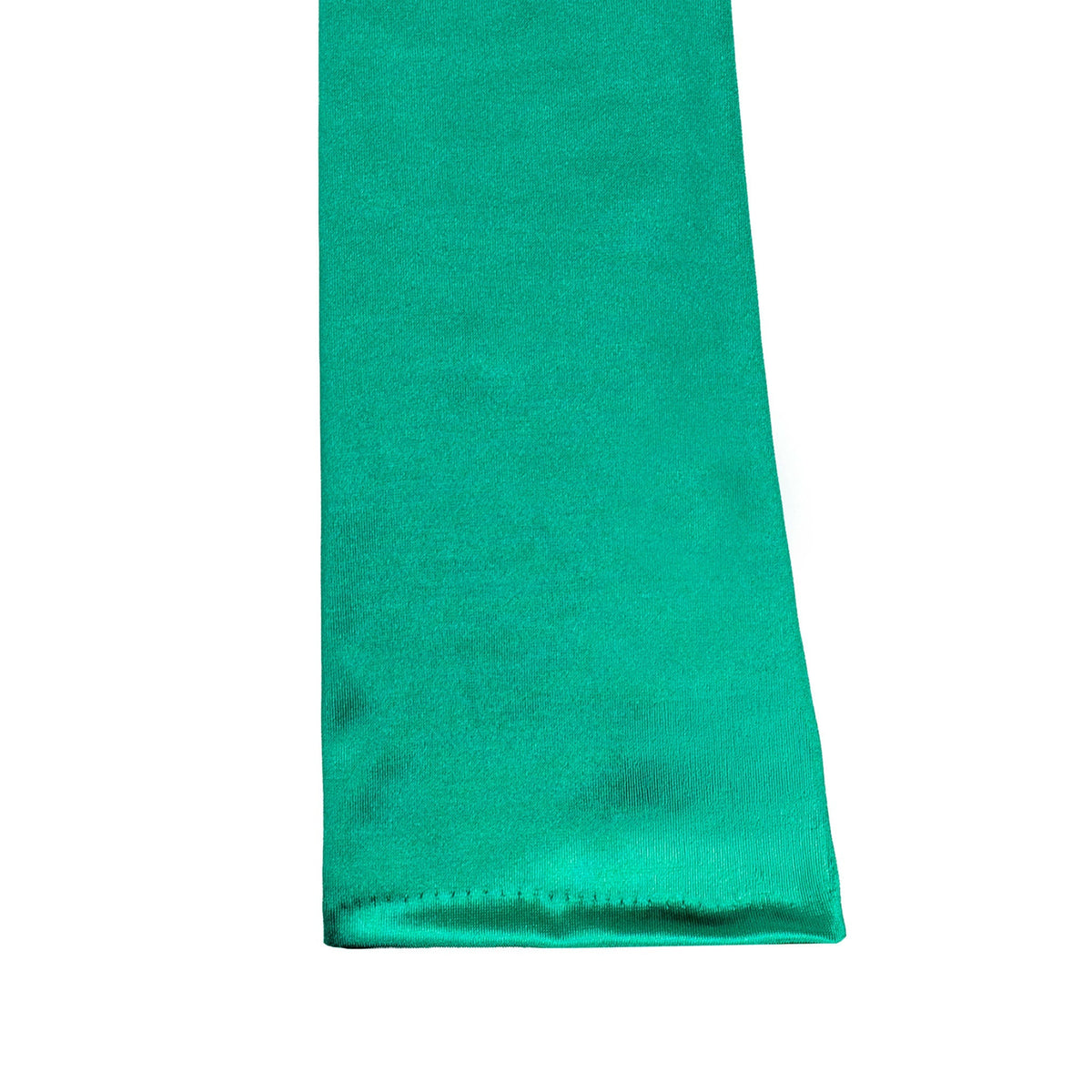 Women's long satin opera gloves in green, right hand close up.