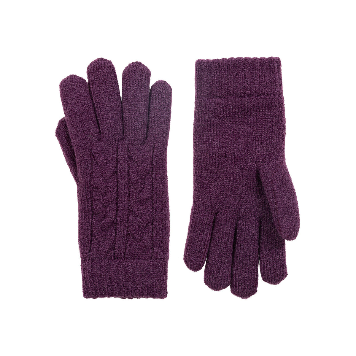 Women's cable knit gloves in purple, side by side.