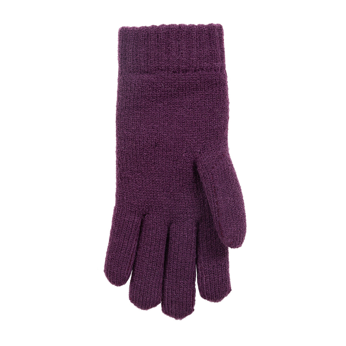 Women's cable knit gloves in purple, left hand.