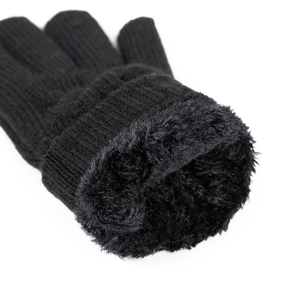 Women's cable knit gloves in black, cuff.