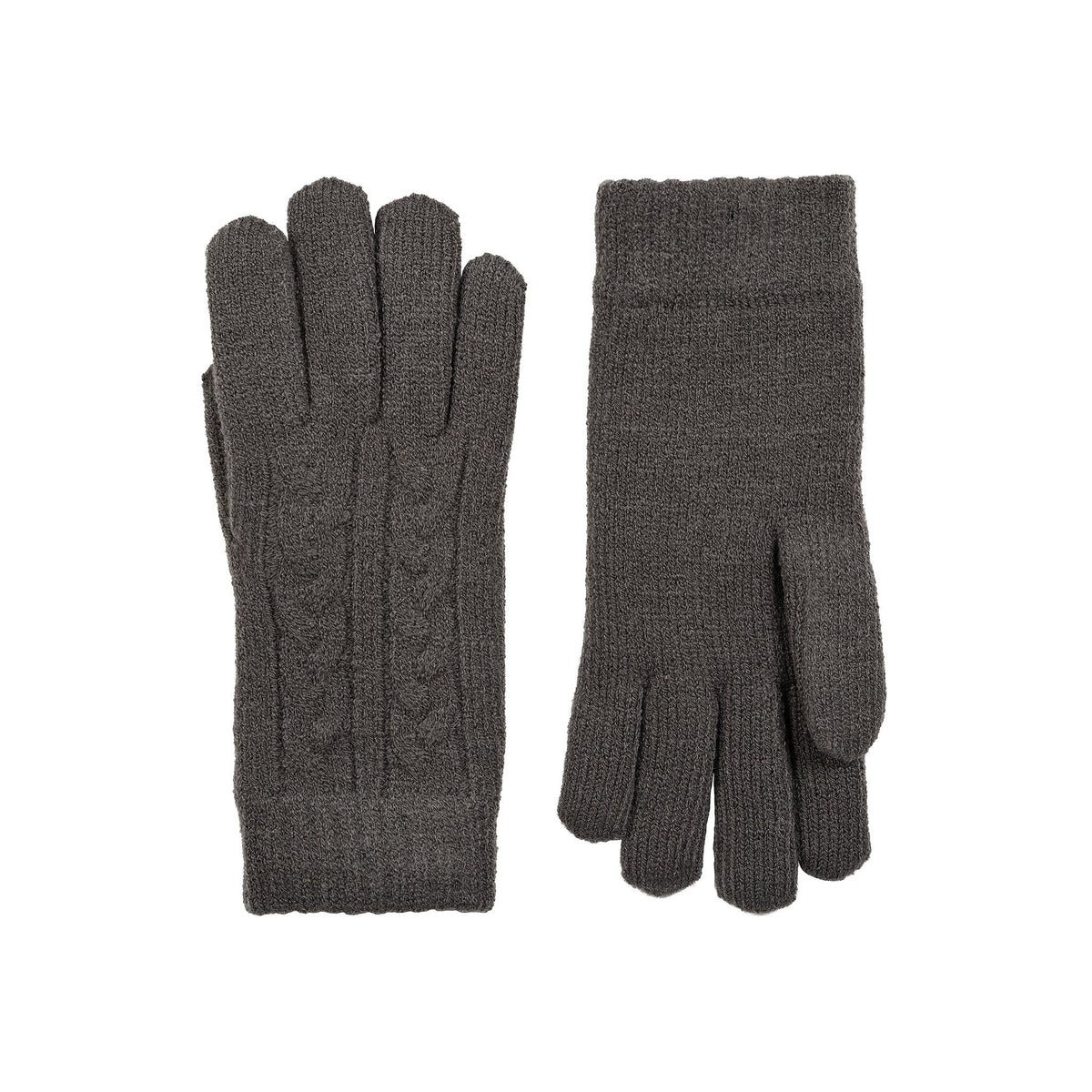 Women's cable knit gloves in dark grey, side by side.
