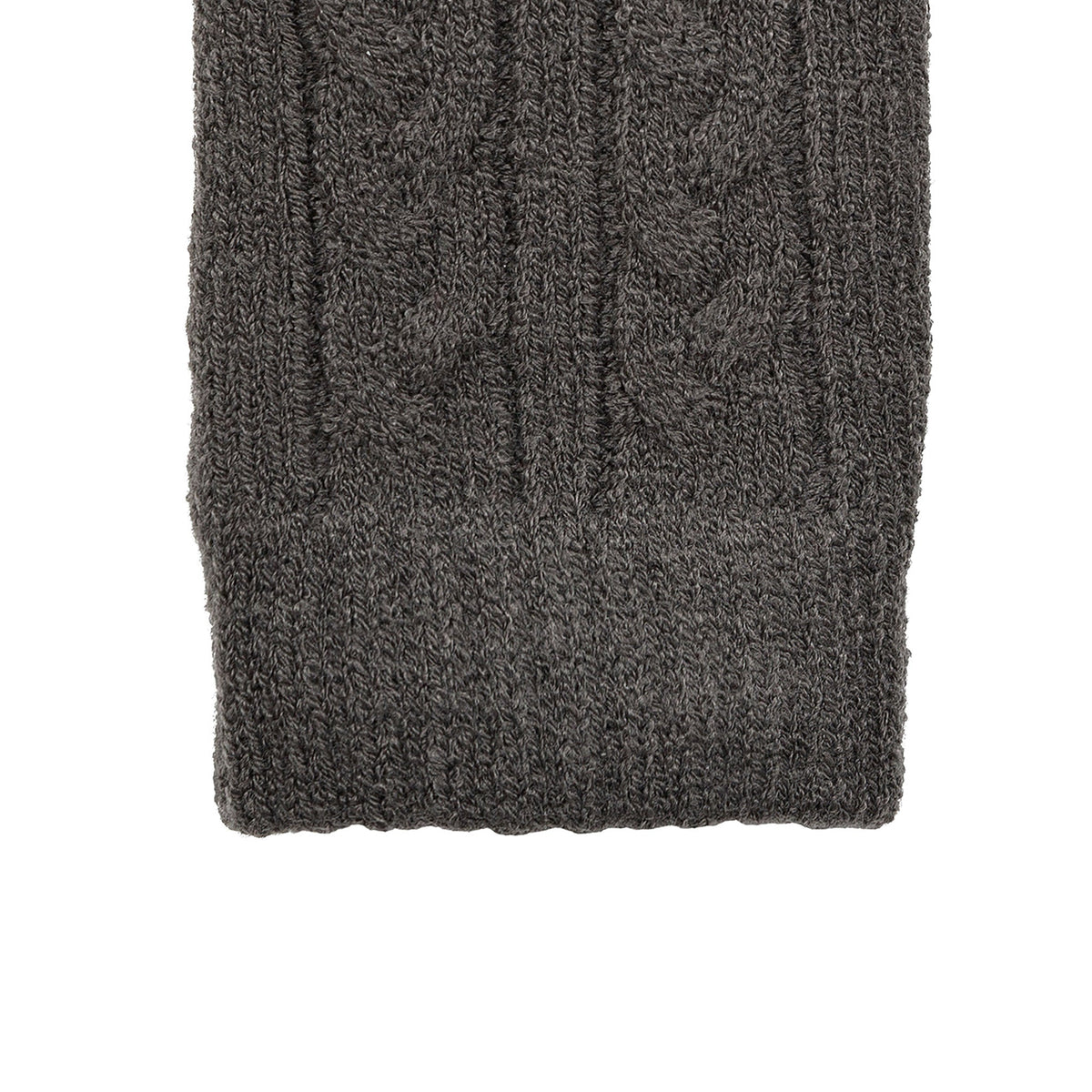 Women's cable knit gloves in dark grey, right hand close up.