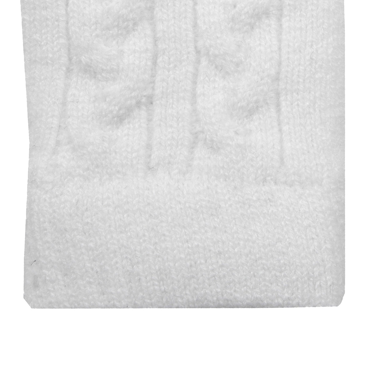 Women's cable knit gloves in white, right hand close up.