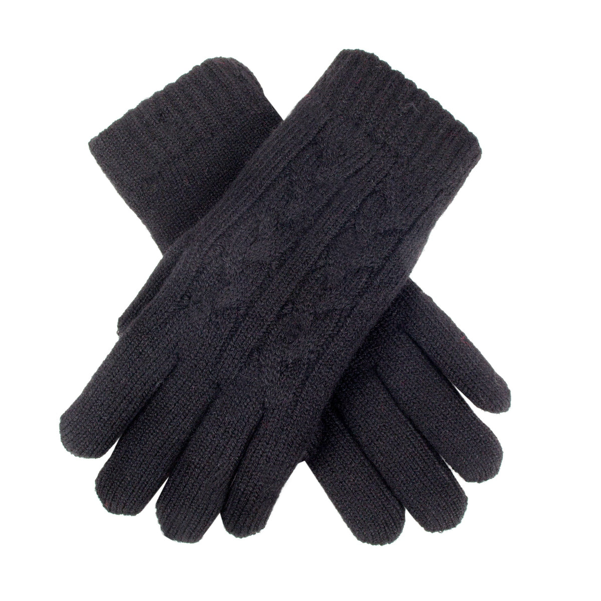 Women's cable knit gloves in black, crossed position.