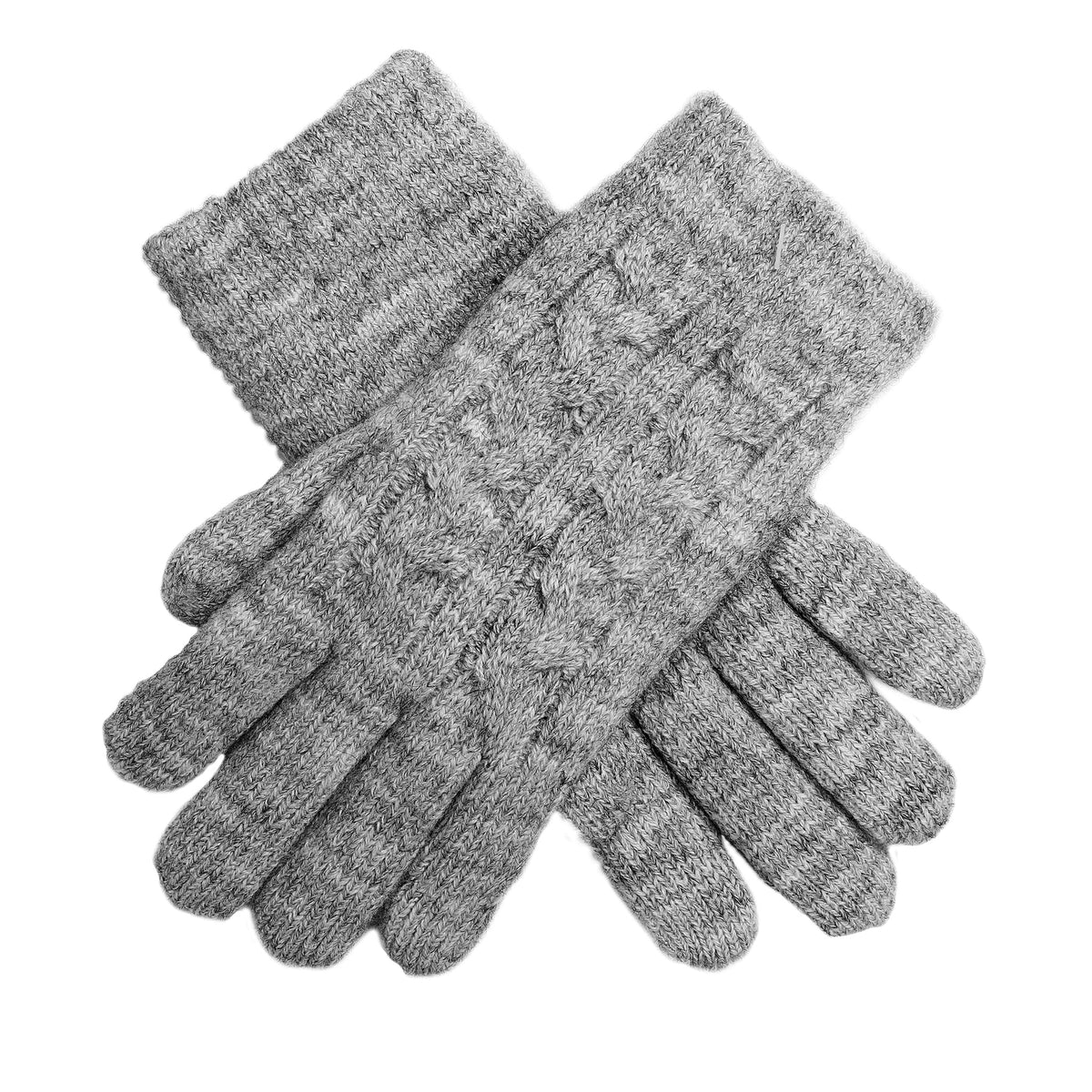 Women's cable knit gloves in light grey, crossed position.