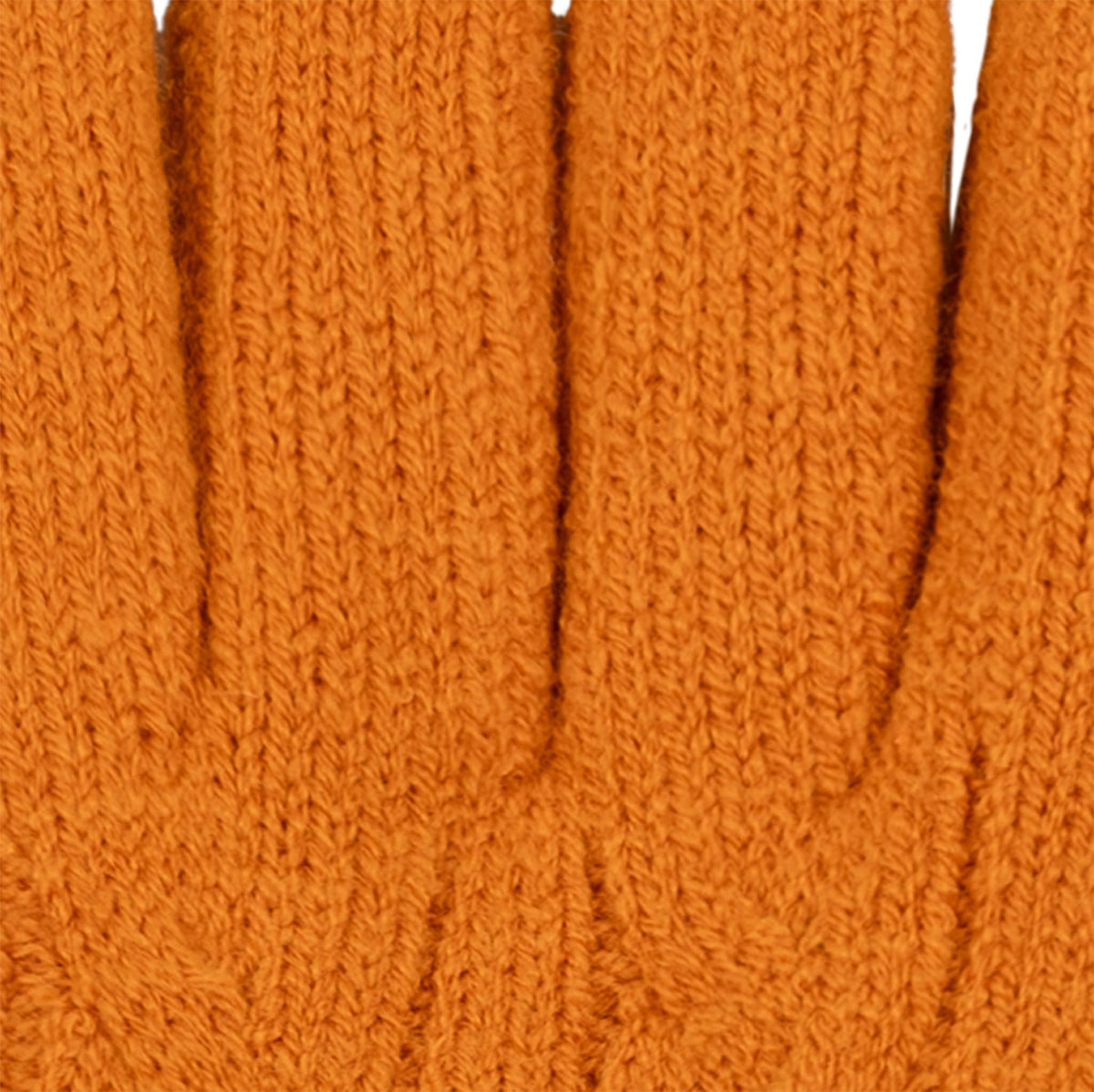 Women's cable knit gloves in orange, fingers close up.