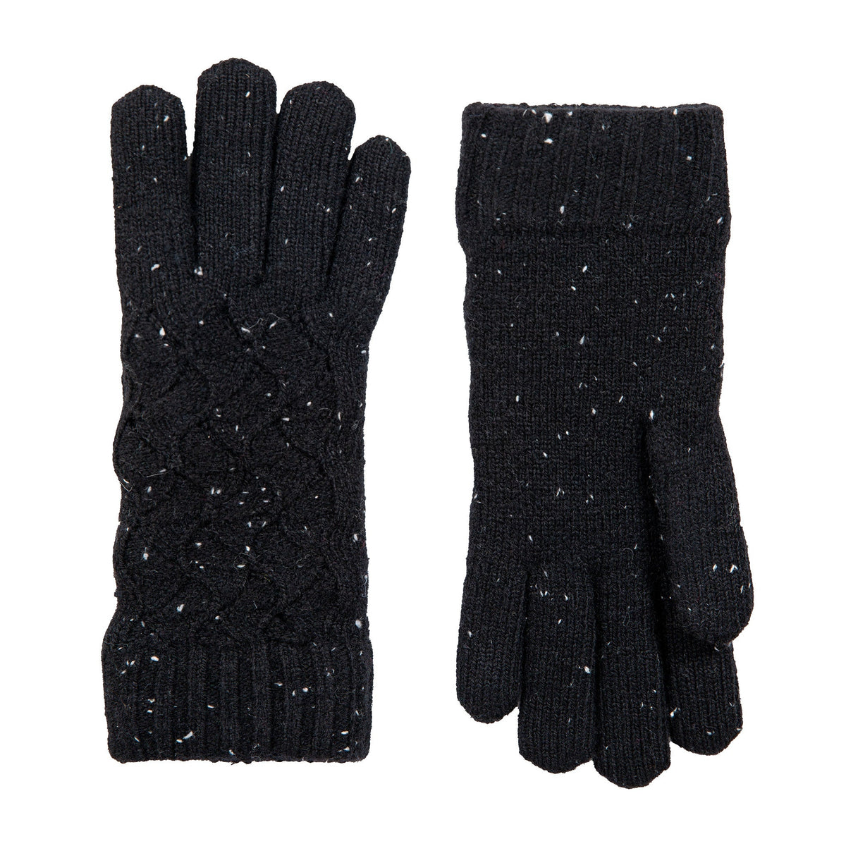Women's lace knit gloves with marl yarn in black, side by side.