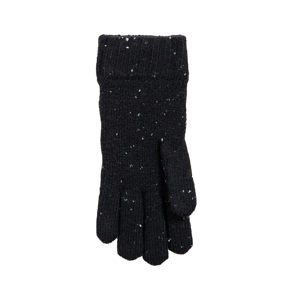 Women's lace knit gloves with marl yarn in black, left hand.