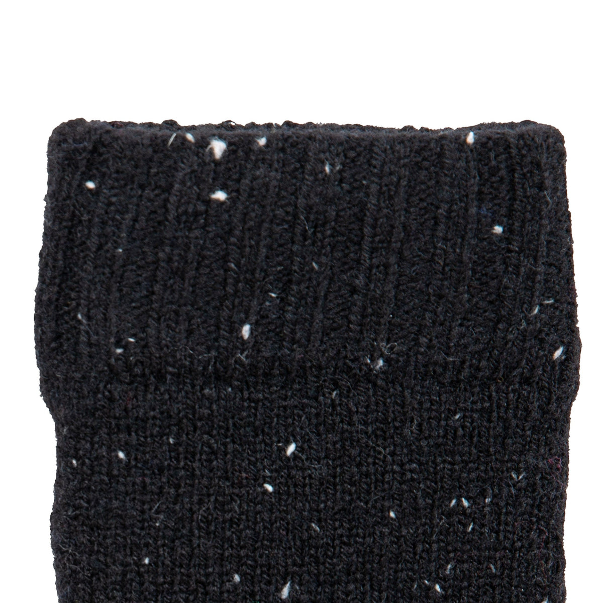 Women's lace knit gloves with marl yarn in black, left hand close up.