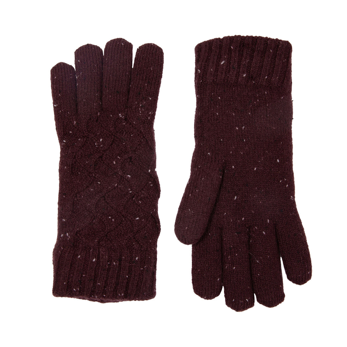Women's lace knit gloves with marl yarn in burgundy, side by side.