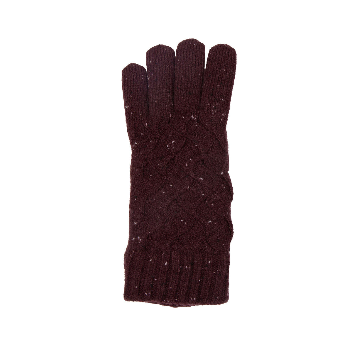 Women's lace knit gloves with marl yarn in burgundy, right hand.