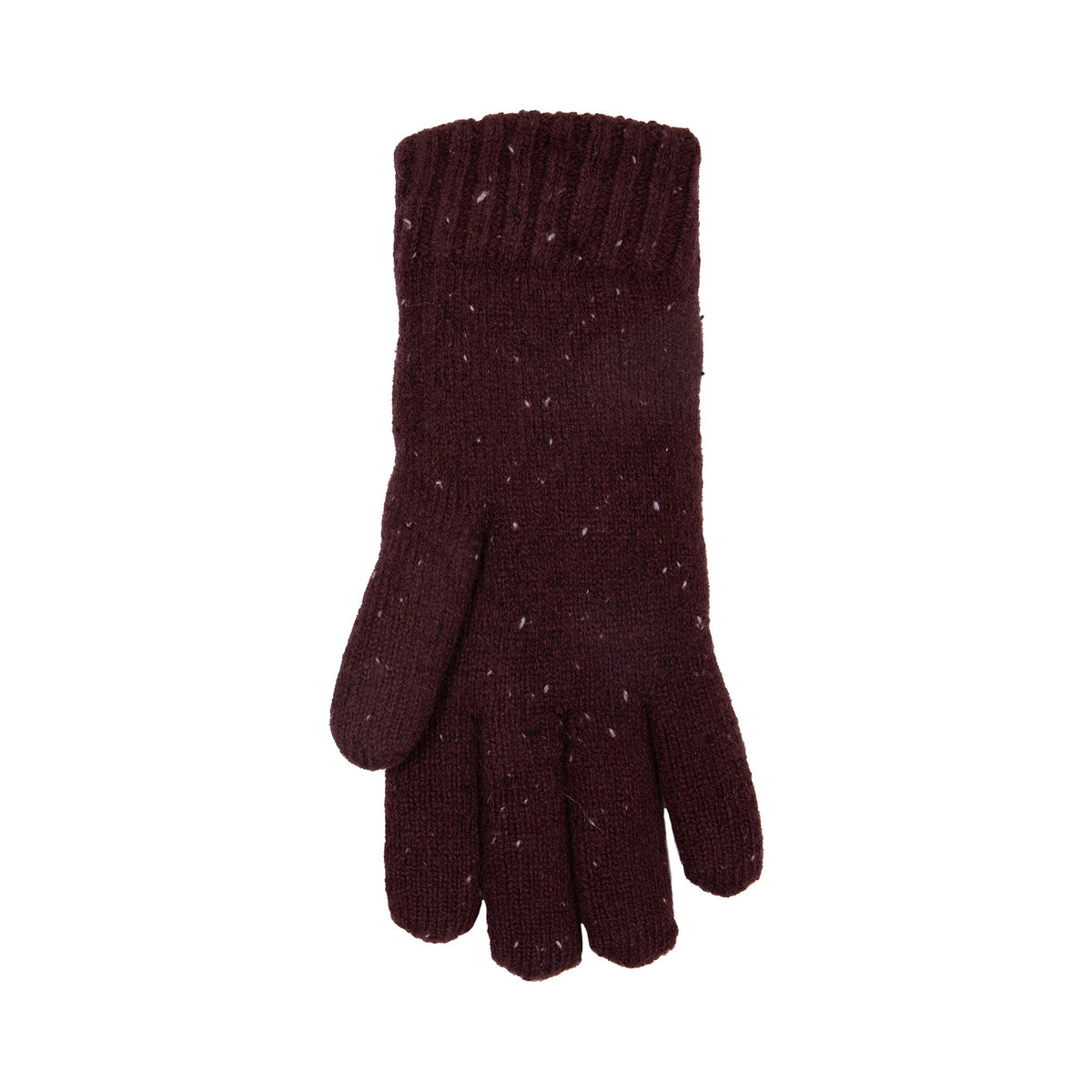 Women's lace knit gloves with marl yarn in burgundy, left hand.
