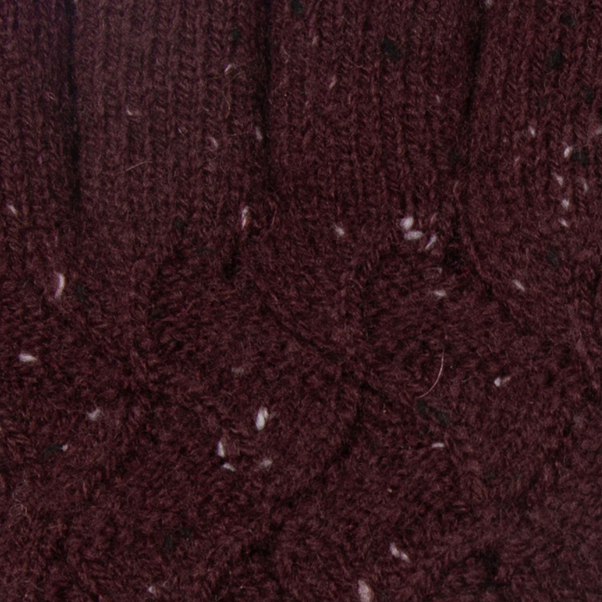 Women's lace knit gloves with marl yarn in burgundy, fingers close up.