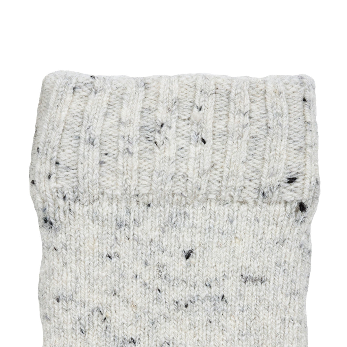 Women's lace knit gloves with marl yarn in white, left hand close up.