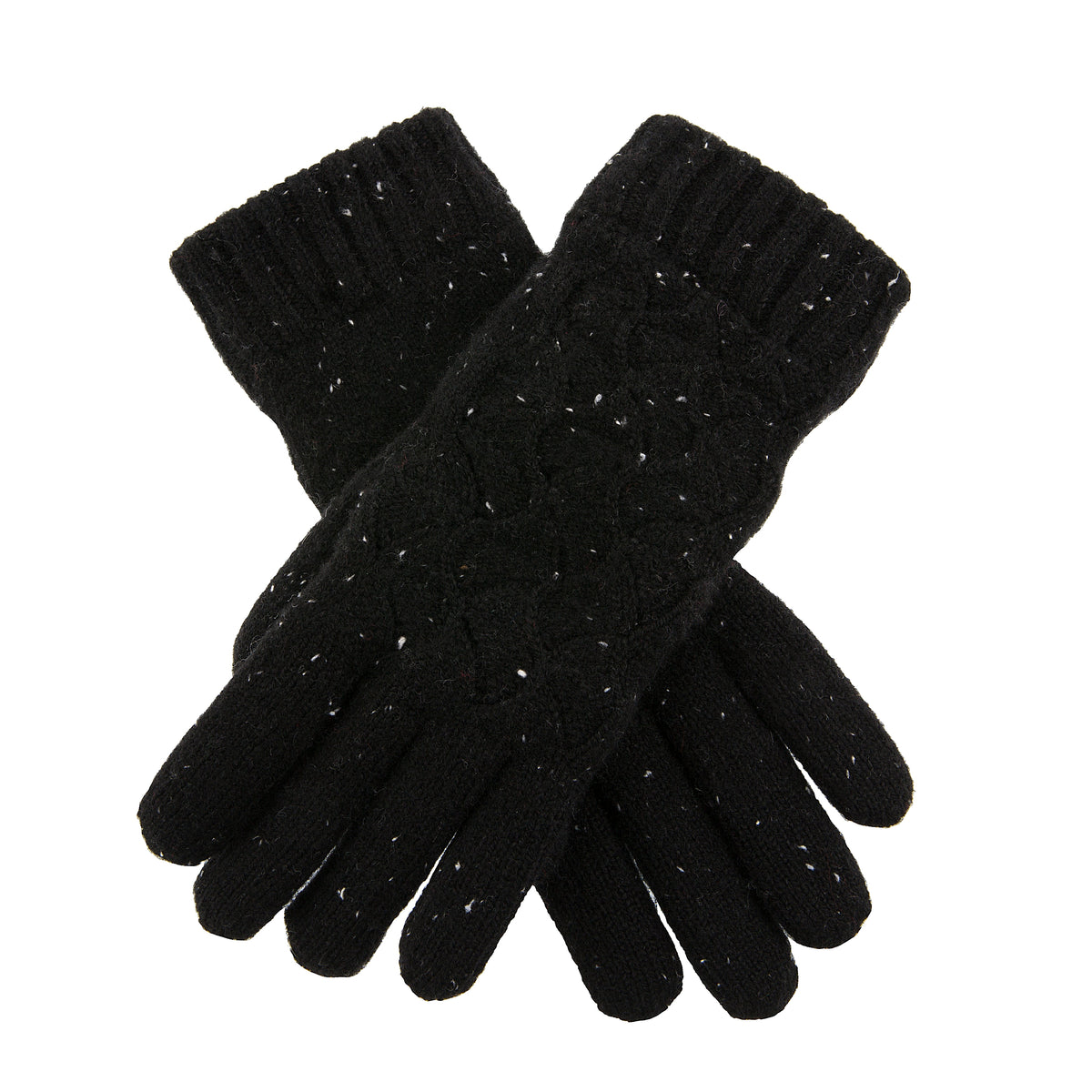 Women's lace knit gloves with marl yarn in black, crossed position