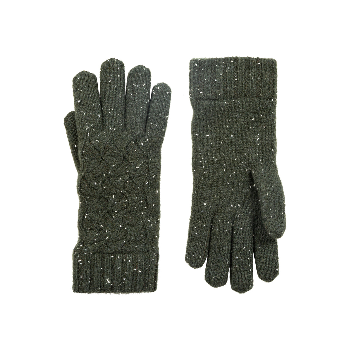 Women's lace knit gloves with marl yarn in green, side by side.