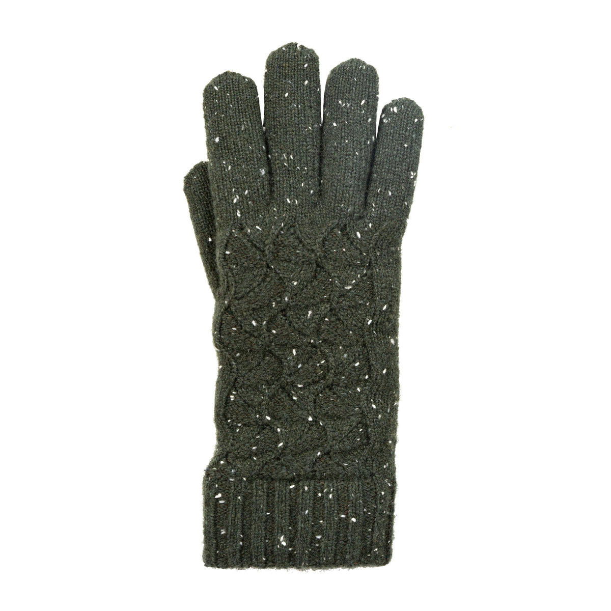 Women's lace knit gloves with marl yarn in green, right hand.