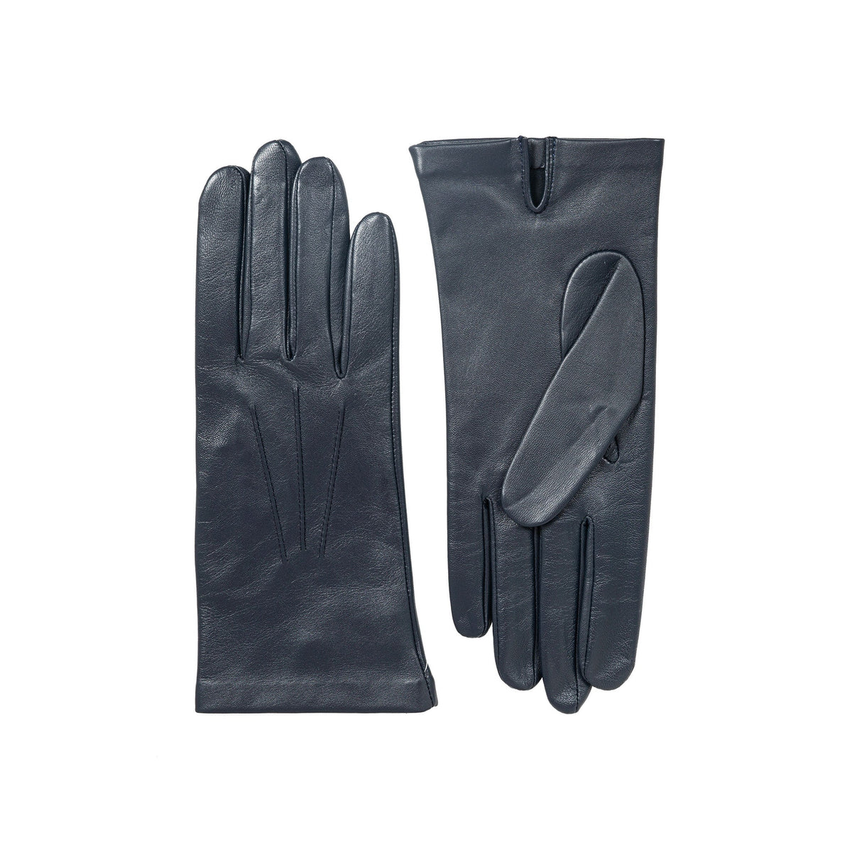 Women's three point leather gloves navy, side by side.