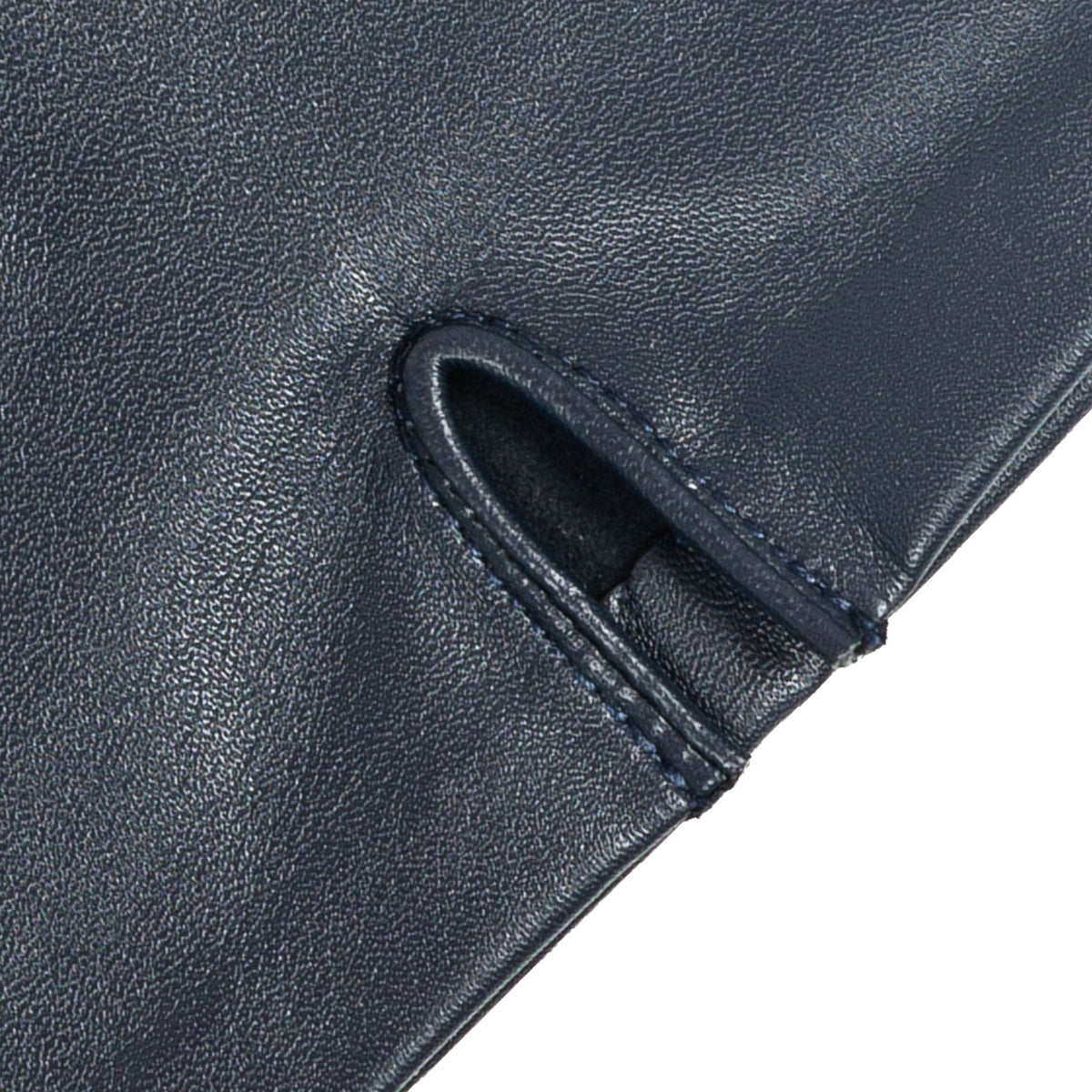 Women's three point leather gloves navy, cuff close.