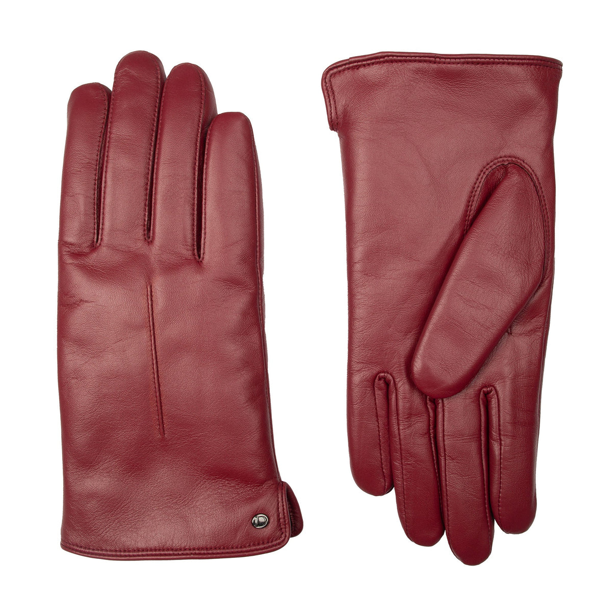 Women's touchscreen single point faux fur lined leather gloves in red, side by side.
