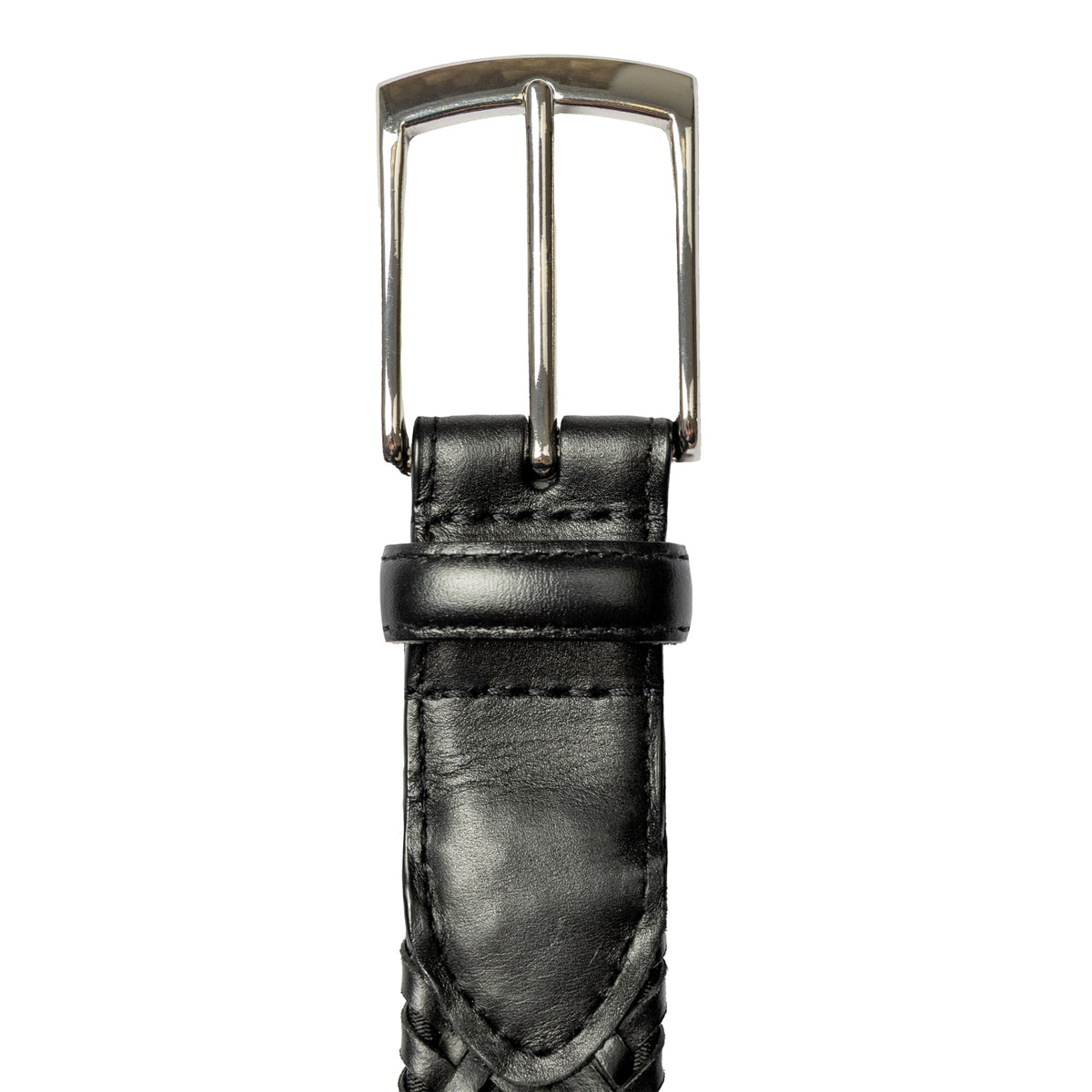 Men's woven leather belt with satin nickel buckle, buckle close up.