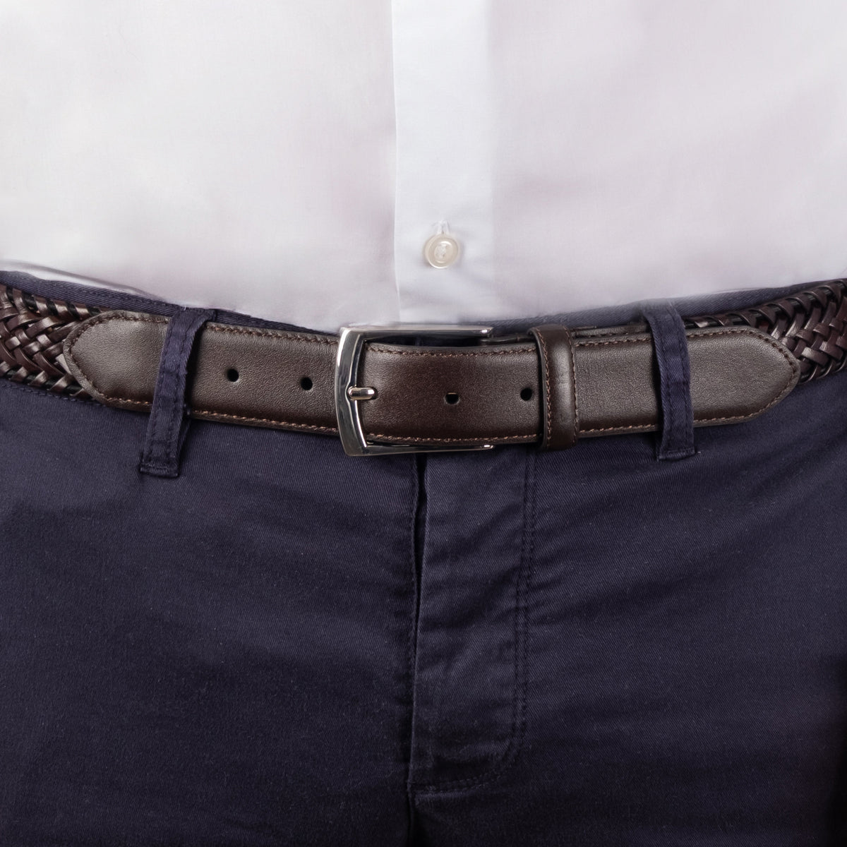 Men's woven leather belt with satin nickel buckle in brown, buckle close up