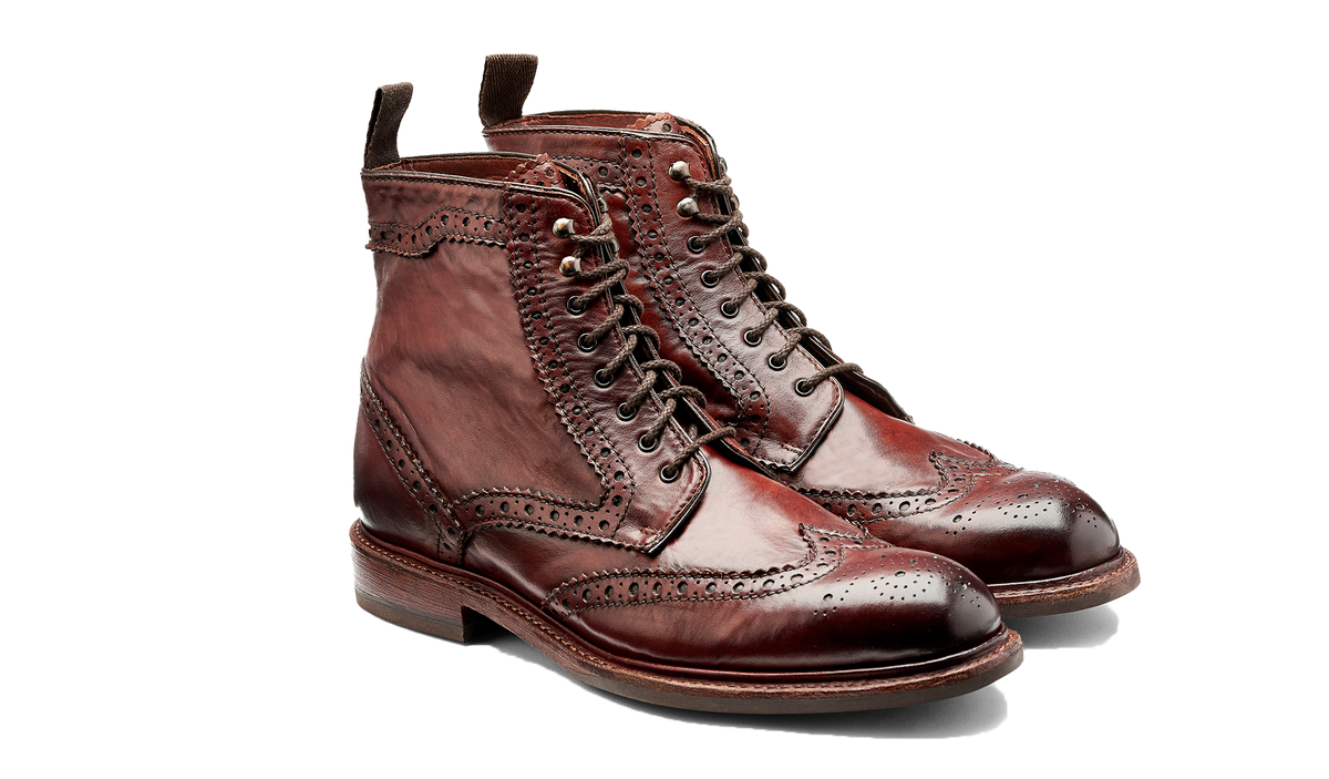 BARKER Denzil Boots - Mens Brogue Lace Up - Rosewood Dip Dyed - angled pair view