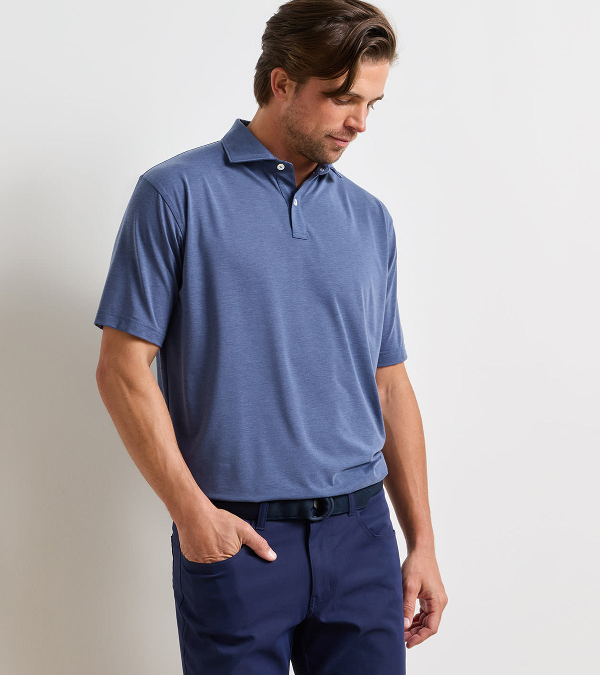 Peter Millar ETC Performance Jersey Polo in Bali Blue - model front view
