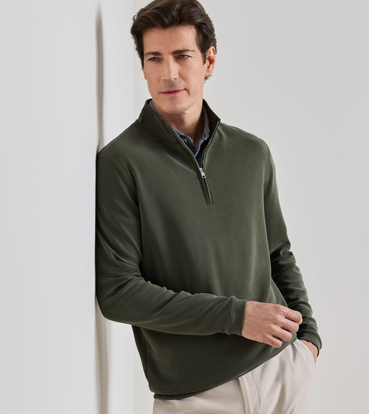 Peter Millar Soft Suede Performance Quarter-Zip in Dark Olive - model front view