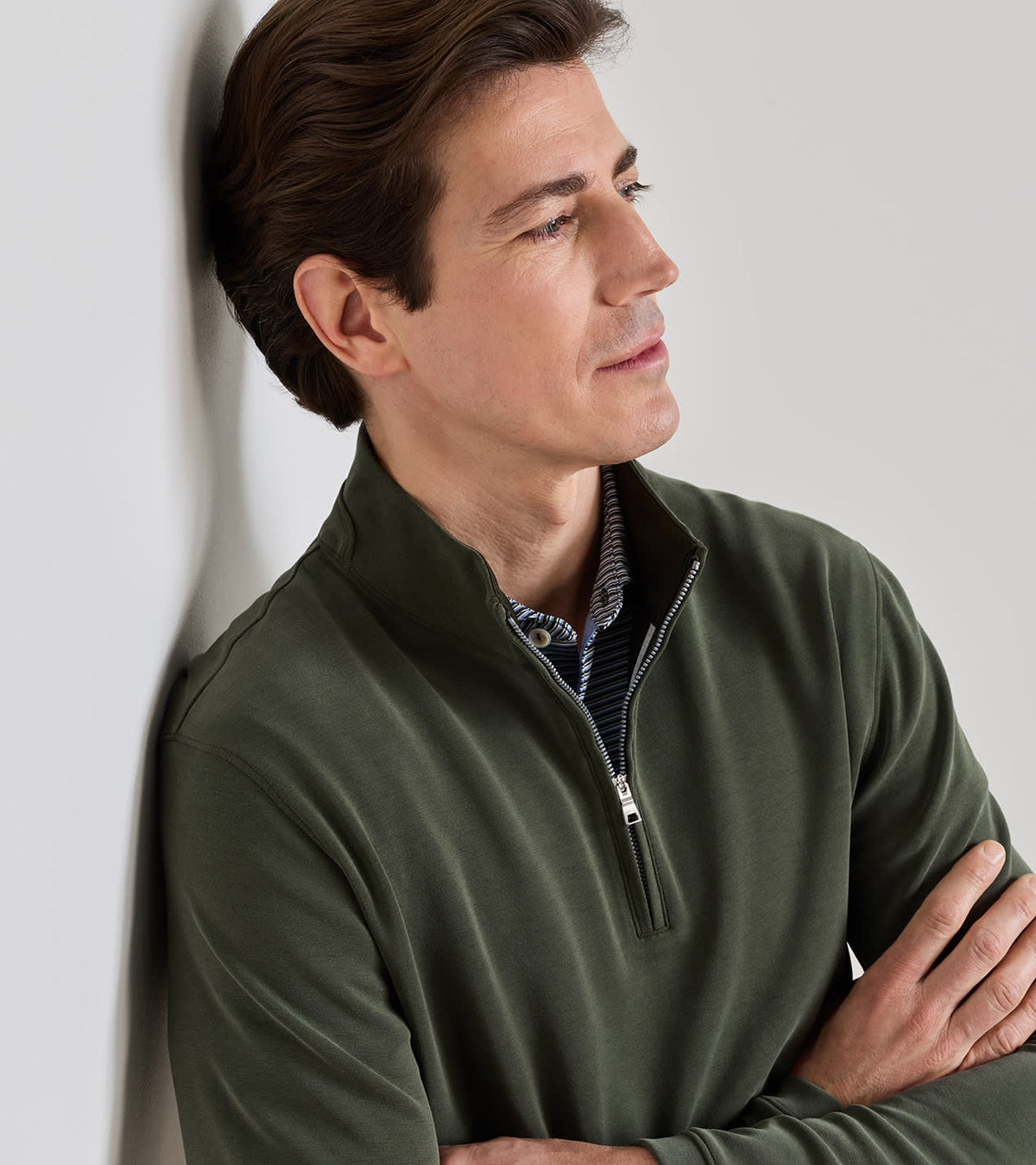 Peter Millar Soft Suede Performance Quarter-Zip in Dark Olive - collar detail