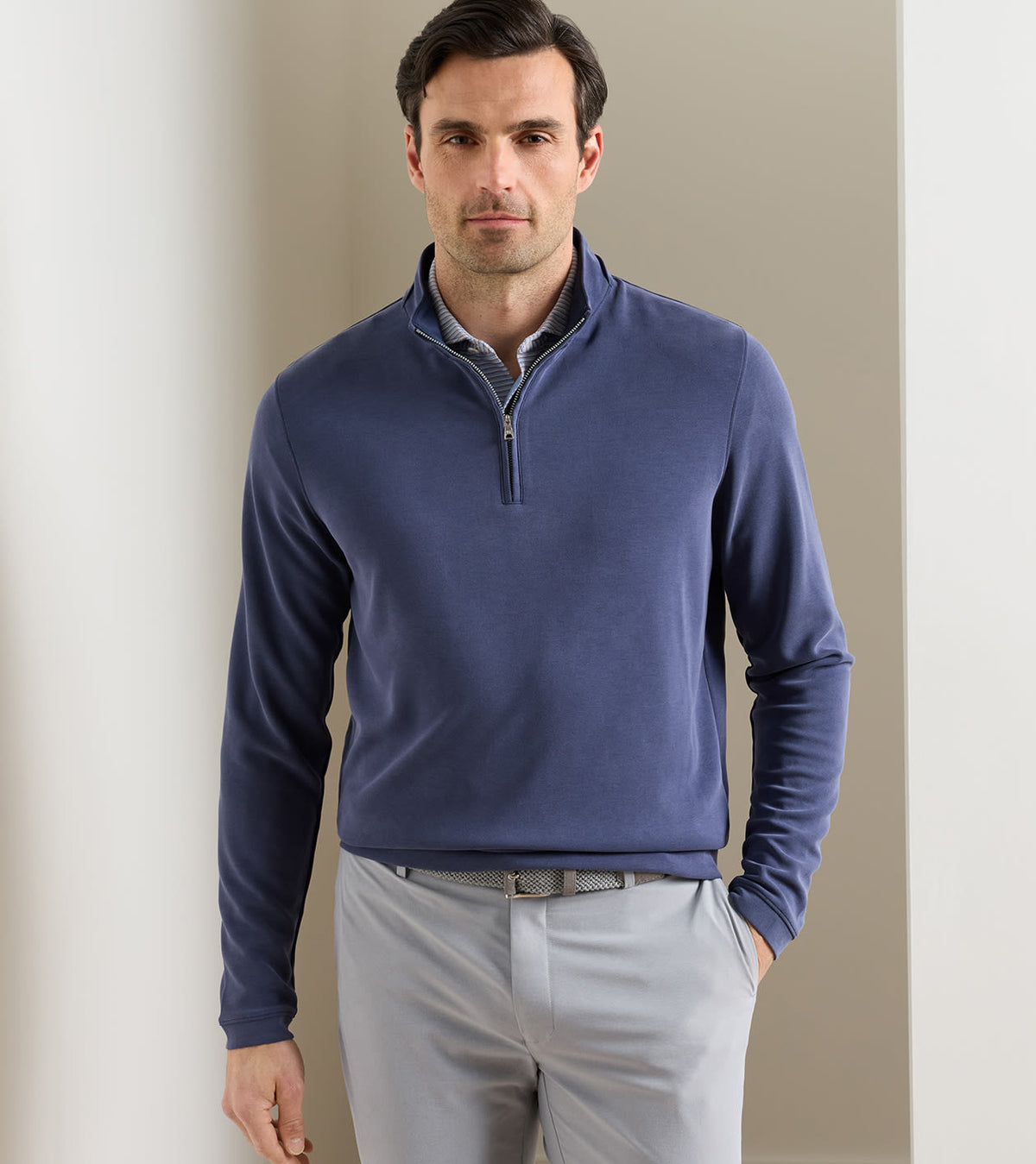 Peter Millar Soft Suede Performance Quarter-Zip in Navy - model front view