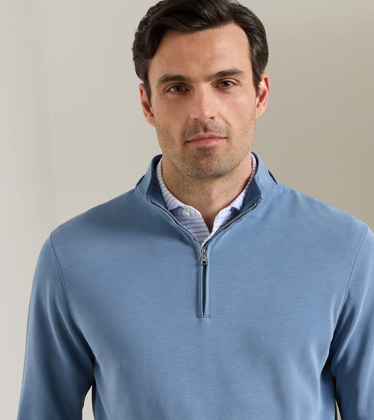 Peter Millar Soft Suede Performance Quarter-Zip in Windy Blue - collar detail