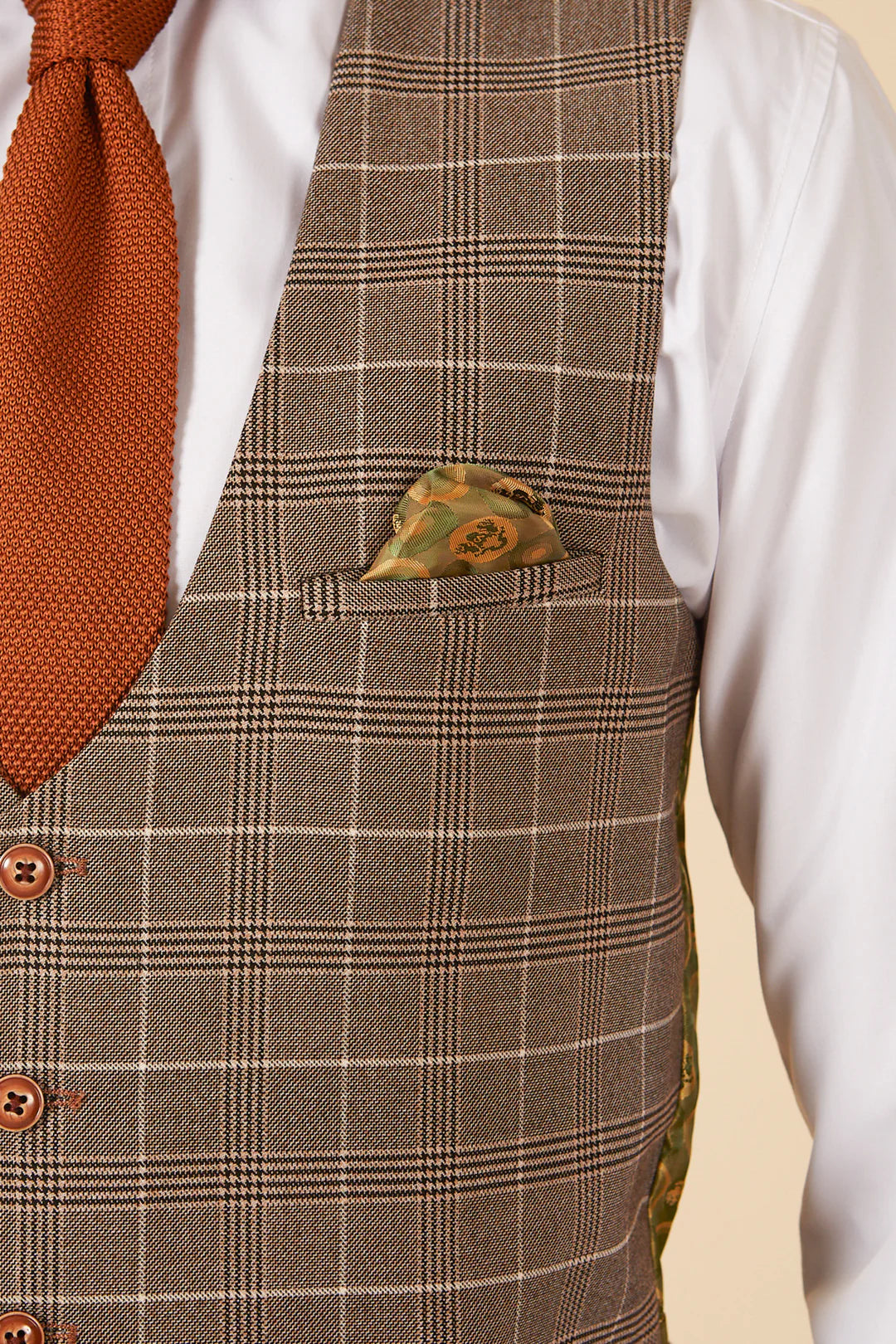 50% OFF - MARC DARCY Men's Ray Single Breasted Waistcoat - Tan Check