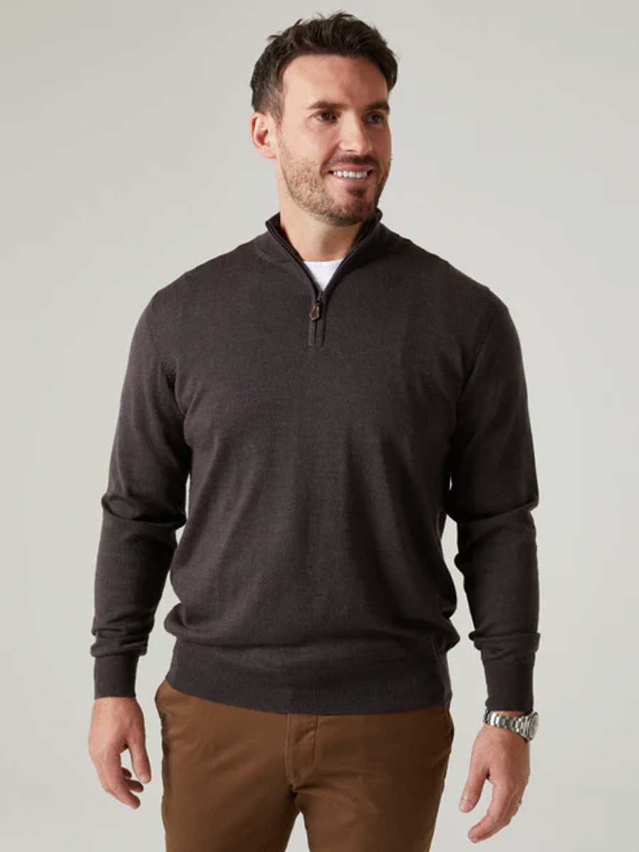 ALAN PAINE Barton 1/4 Zip Merino Wool Sweater - Mens - Dark Brown