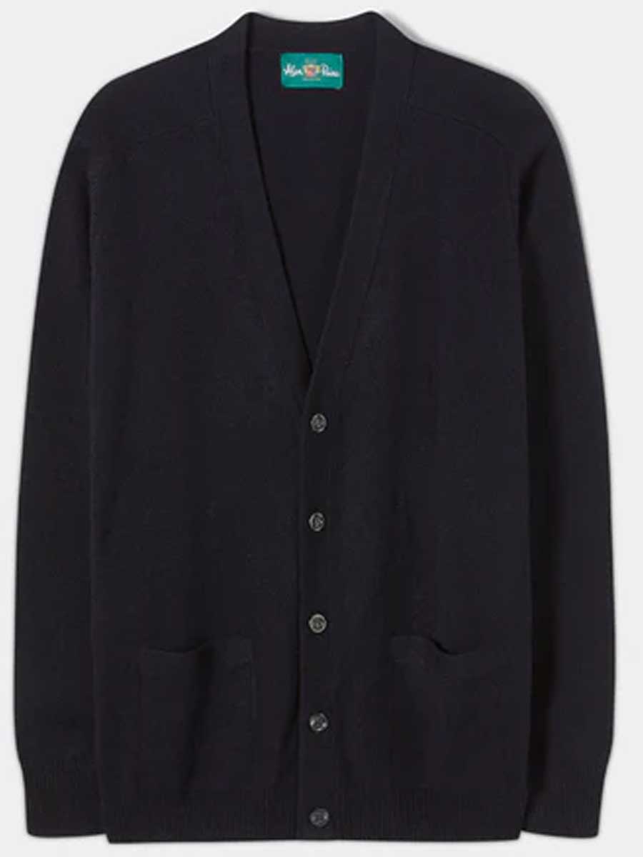 ALAN PAINE Cornwall Lambswool V-Neck Classic Fit Cardigan - Mens - Navy