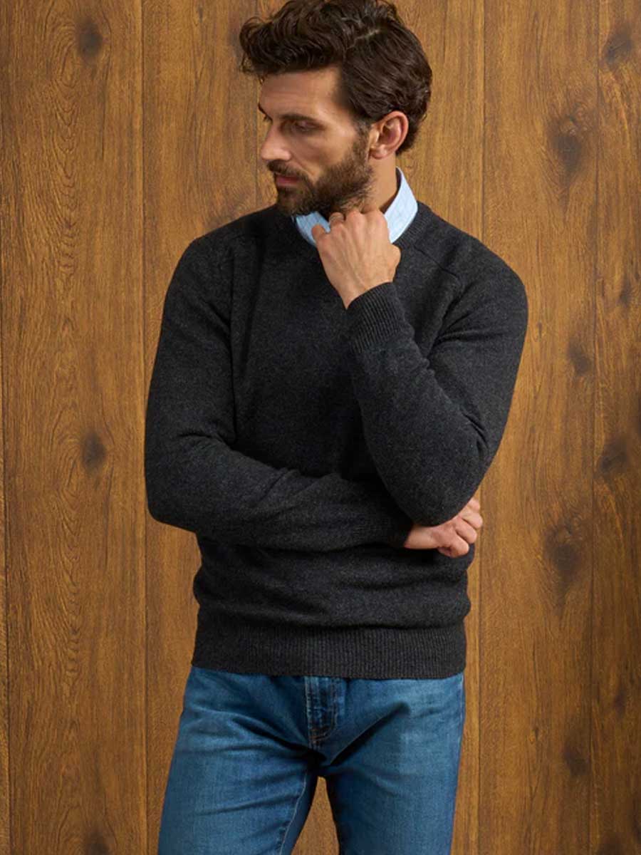 ALAN PAINE Dorset Crew Neck Lambswool Classic Fit Jumper - Mens - Charcoal