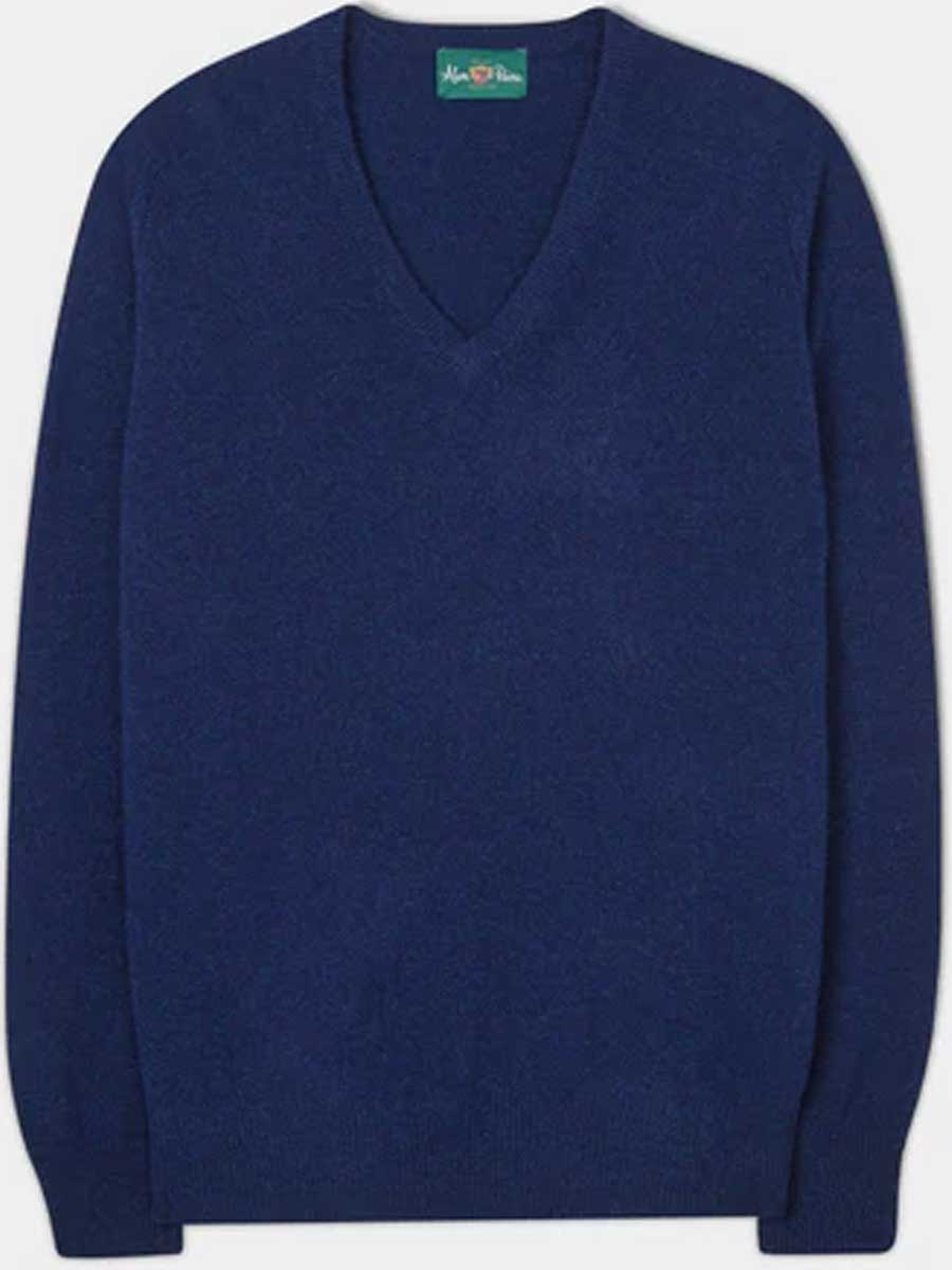 ALAN PAINE Hampshire V Neck Lambswool Classic Fit Jumper - Mens - Indigo