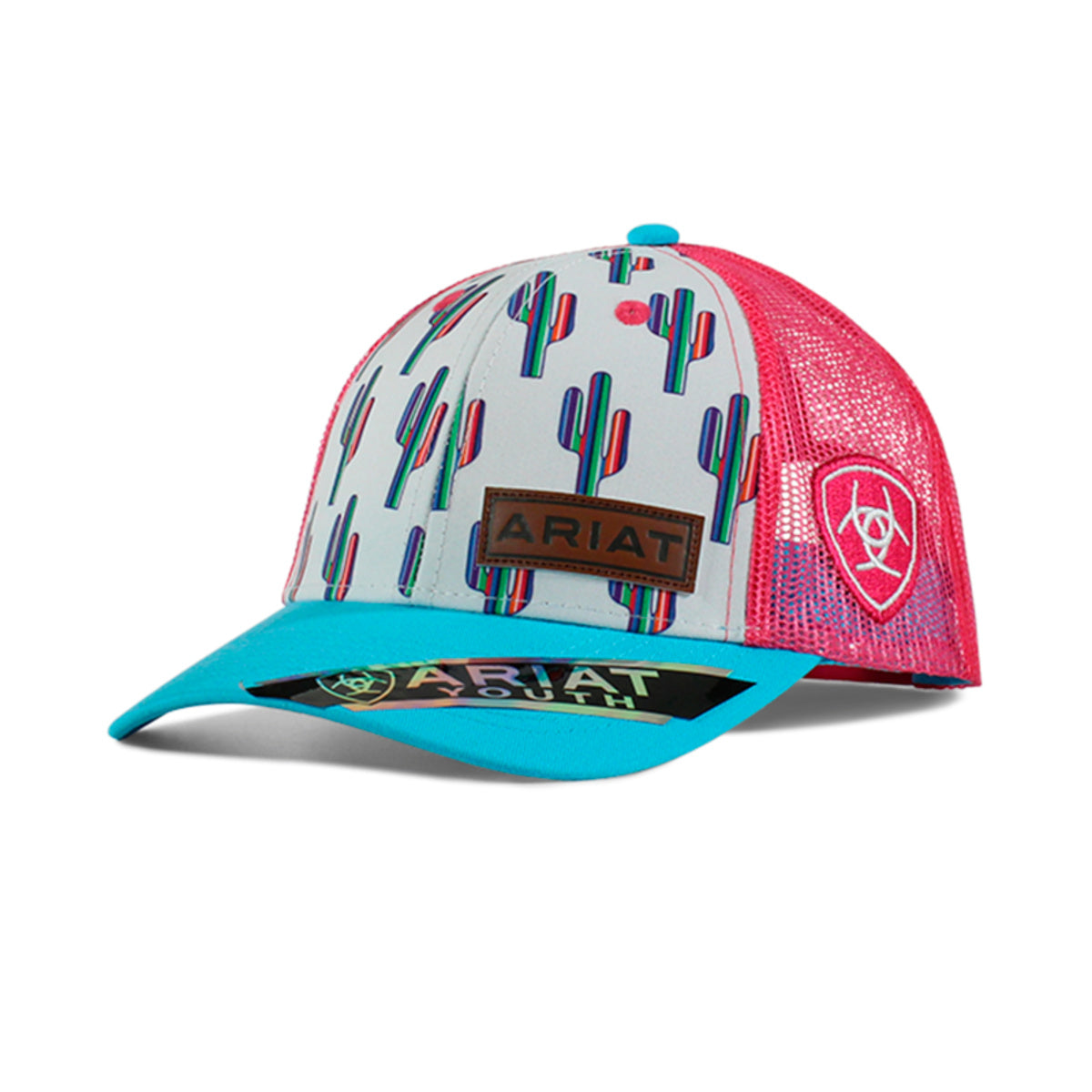 Ariat youth White cactus-print cap with turquoise peak and pink mesh back, front three-quarter view